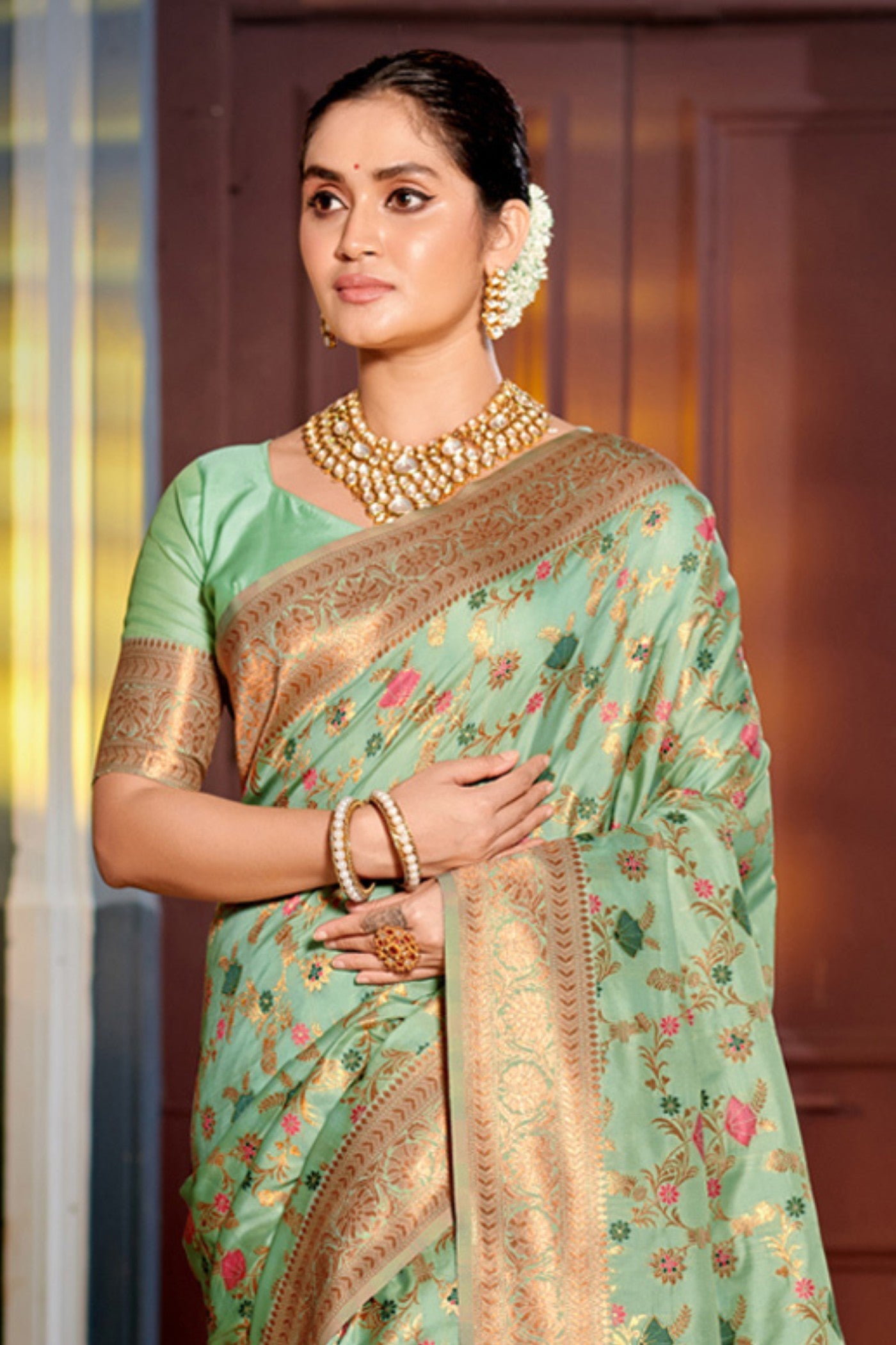 MySilkLove Tree Green Yellow Zari Woven Banarasi Saree