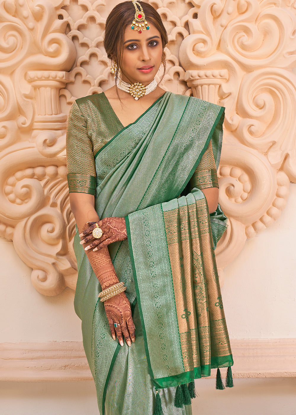 Buy MySilkLove Envy Green Zari Woven Designer Saree Online