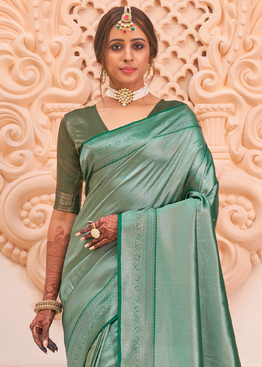 Buy MySilkLove Envy Green Zari Woven Designer Saree Online