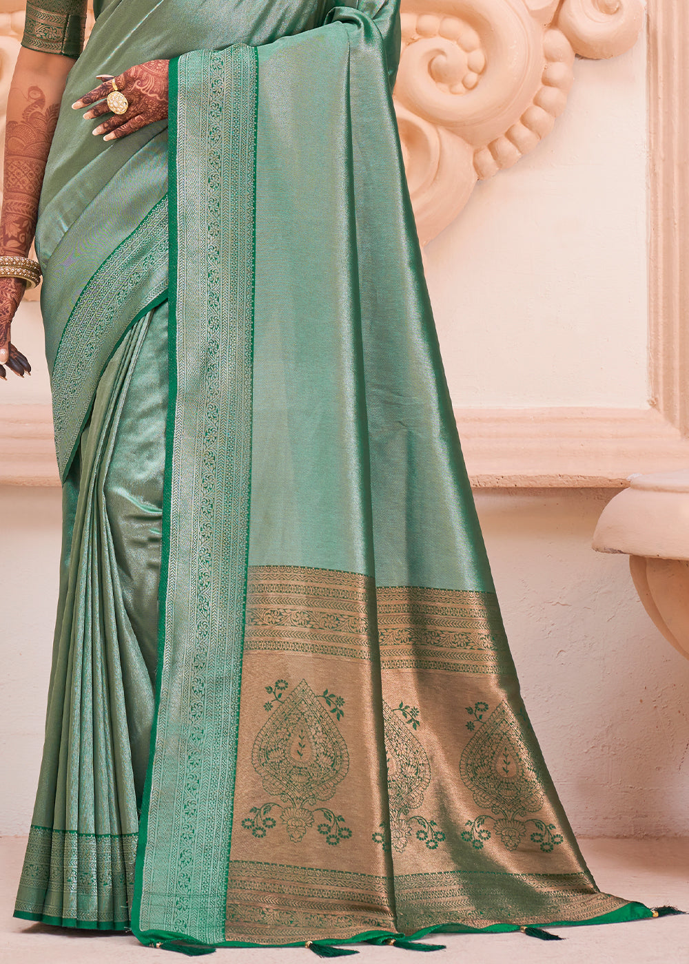 Buy MySilkLove Envy Green Zari Woven Designer Saree Online