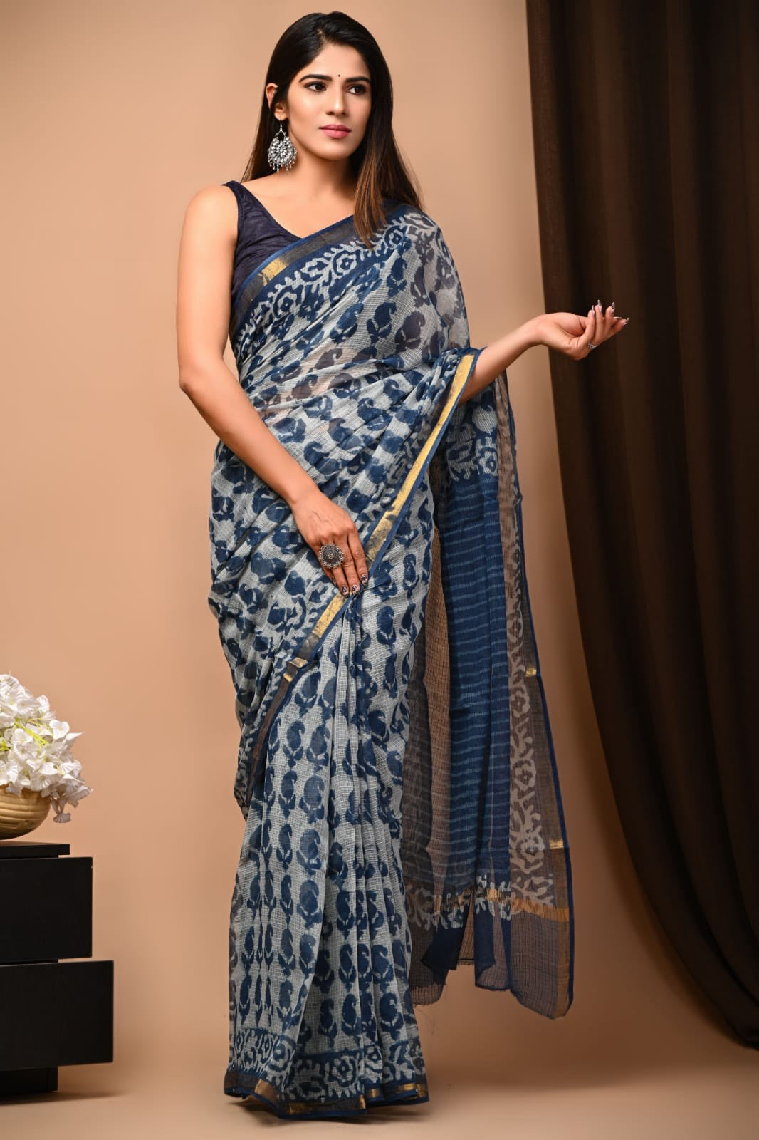 Buy MySilkLove Bluewood Handblock Kota Doriya Saree Online