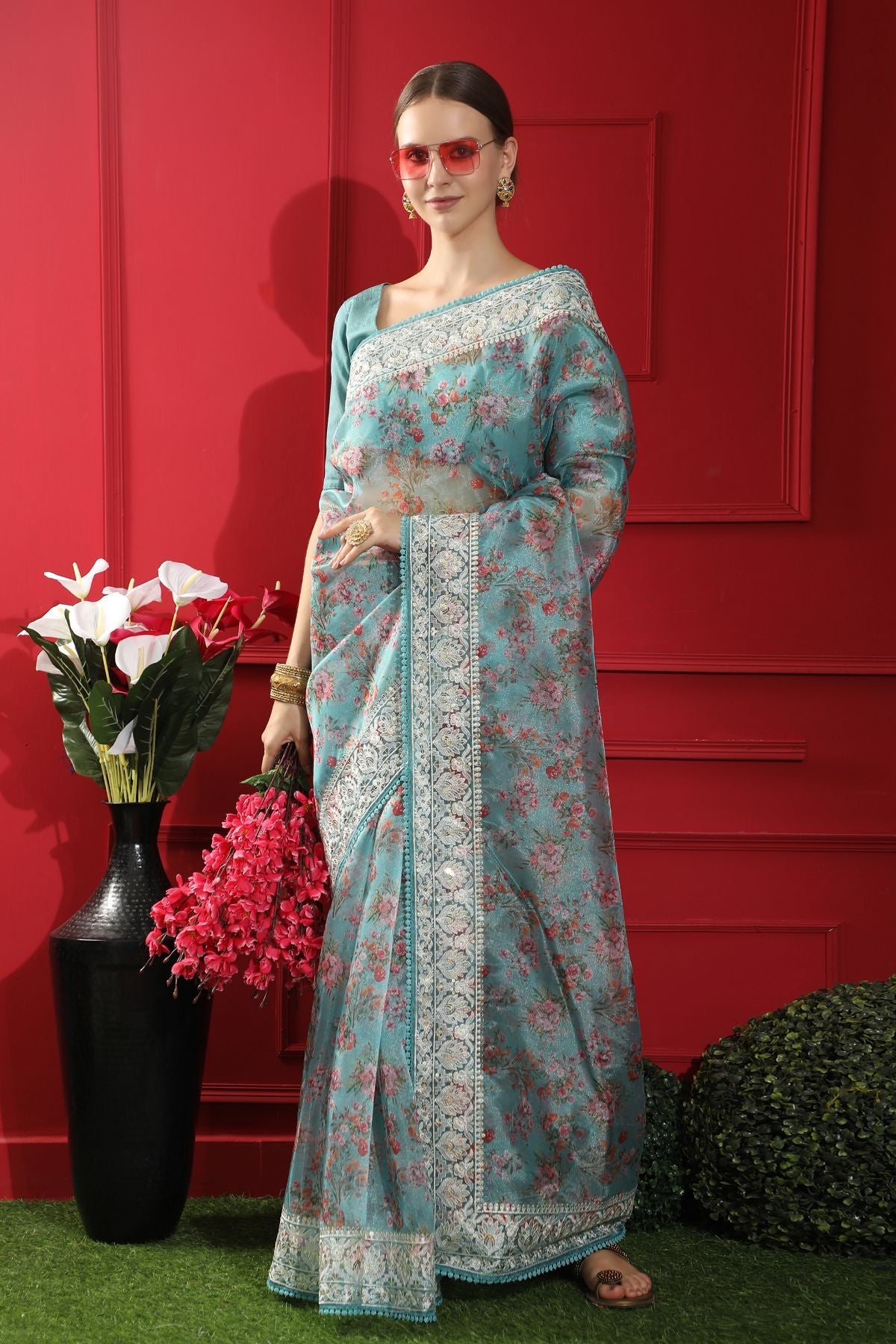 Buy MySilkLove Morning Glory Blue Woven organza Silk Saree Online