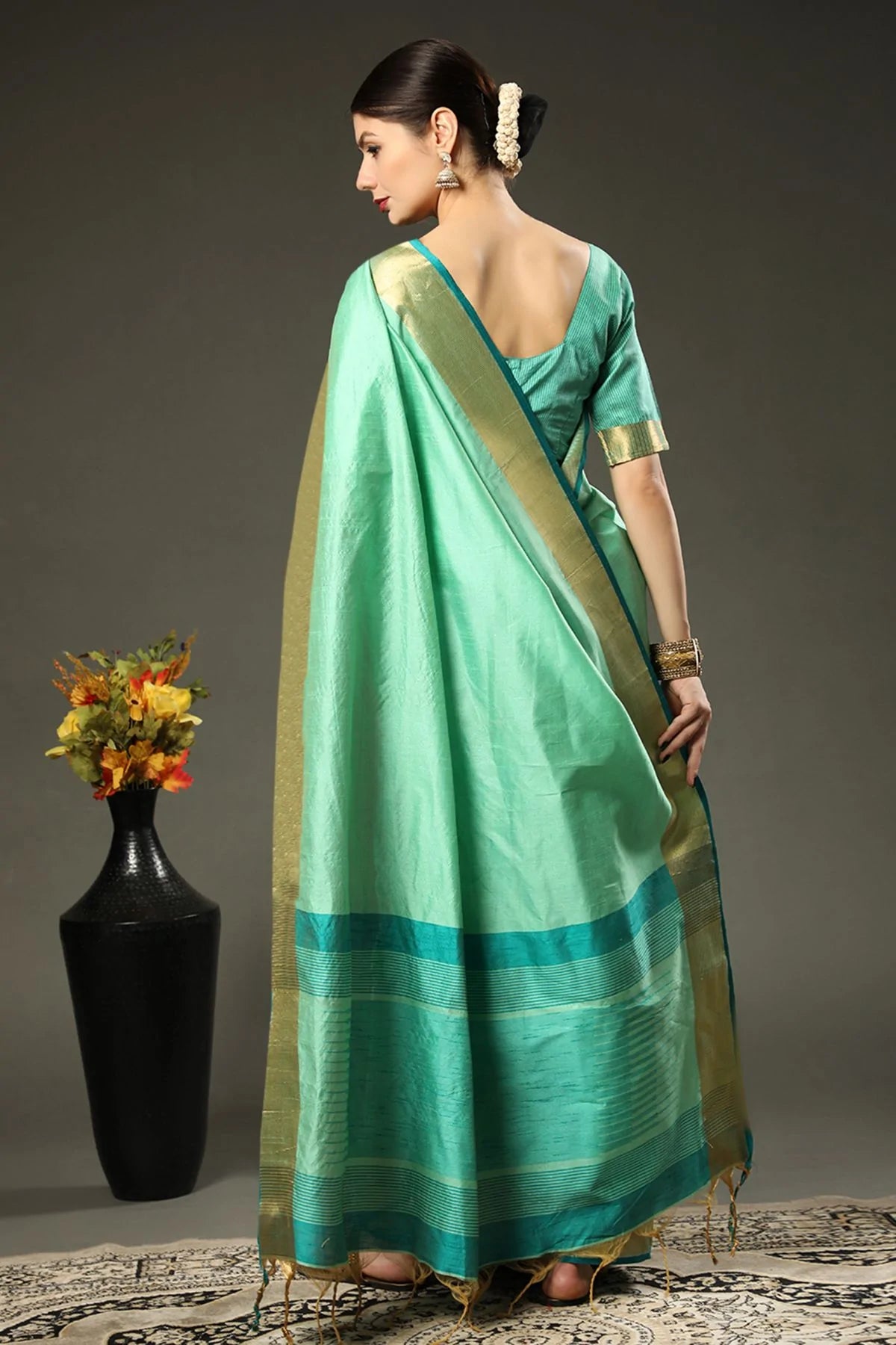 Buy MySilkLove Silver Tree Green Assam Silk Saree Online