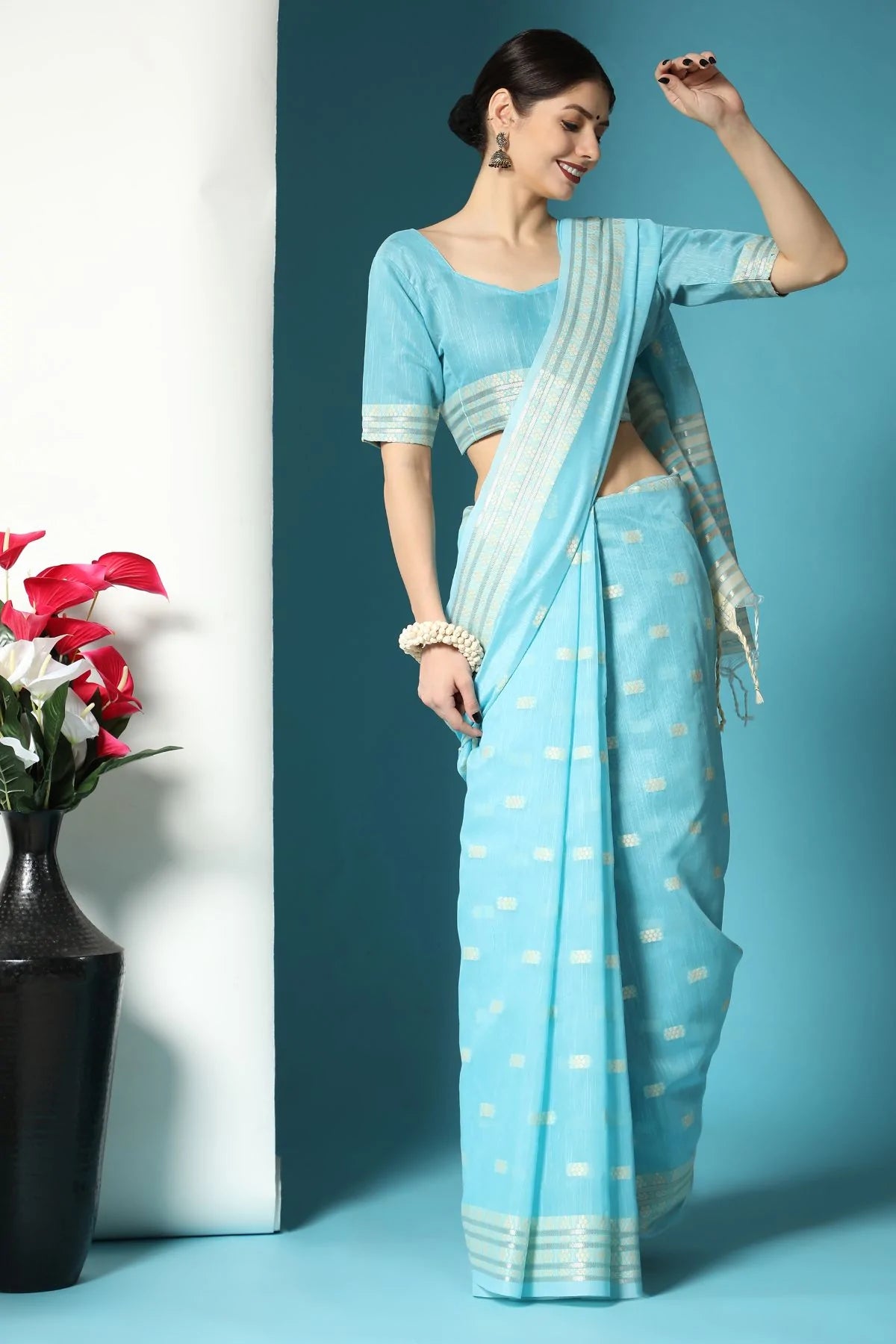 Buy MySilkLove Sky Blue Lucknowi Cotton Saree Online