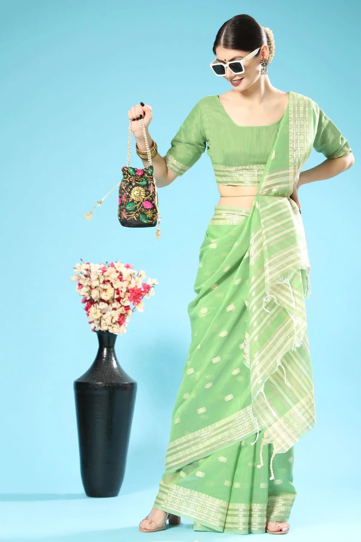 Buy MySilkLove Algae Green Lucknowi Cotton Saree Online