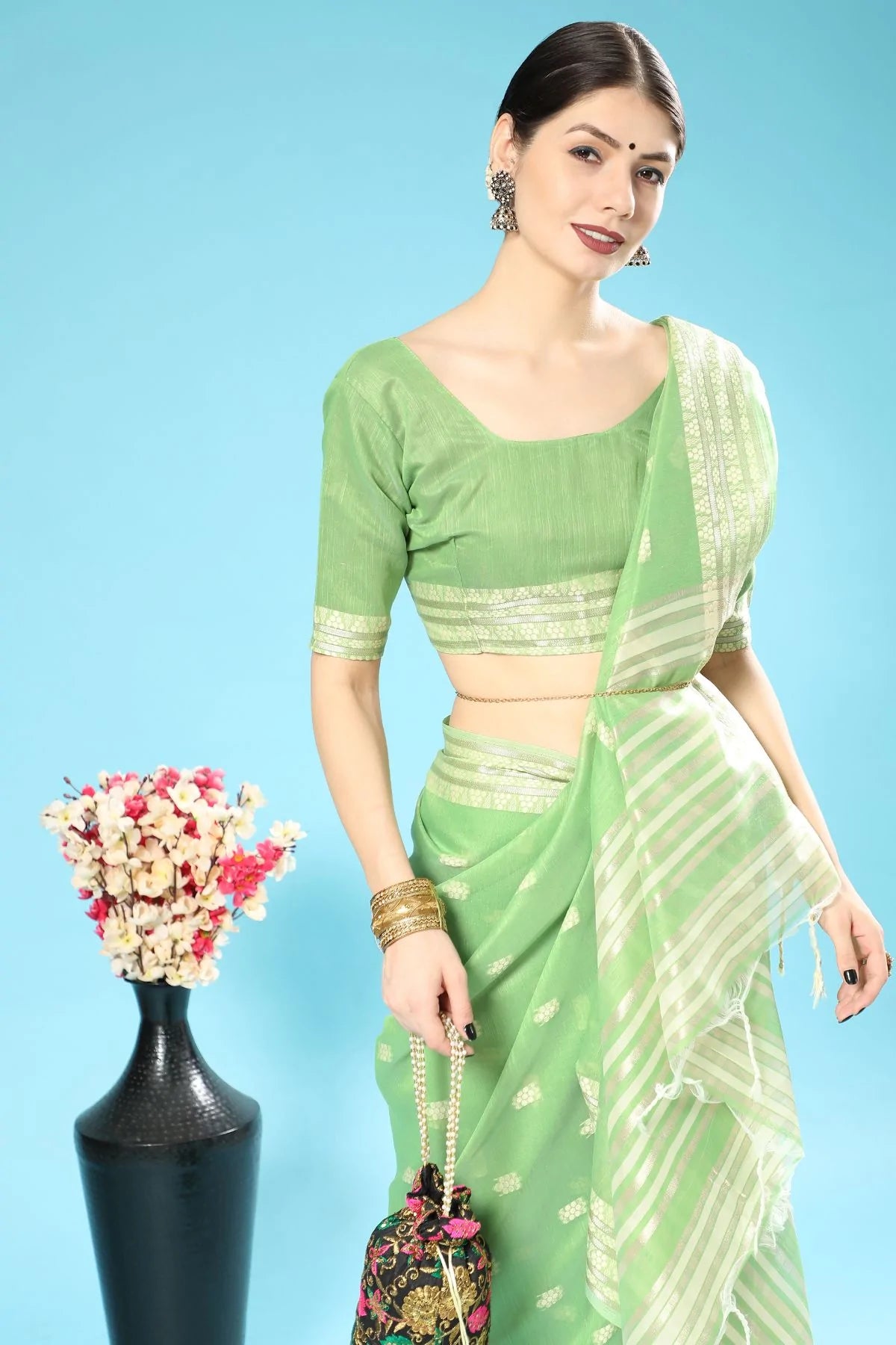 Buy MySilkLove Algae Green Lucknowi Cotton Saree Online