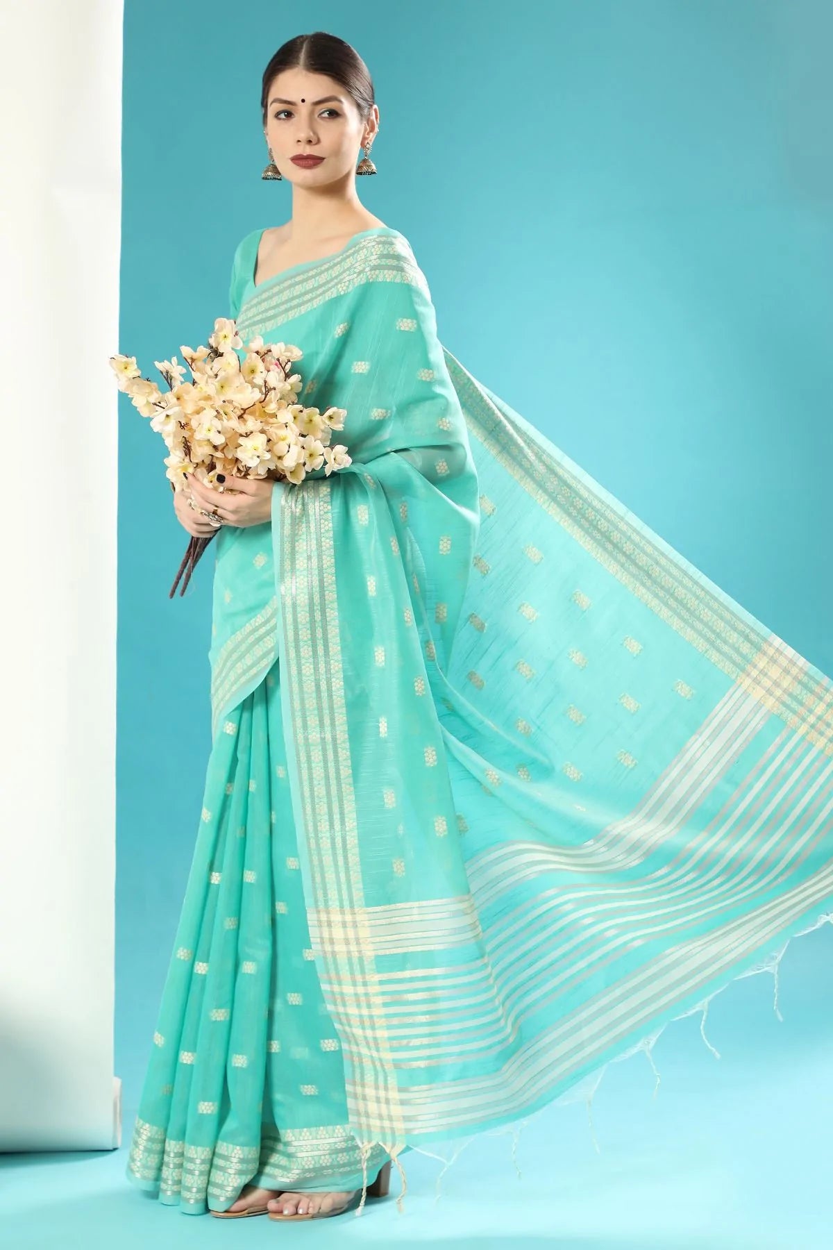 Buy MySilkLove Downy Blue Lucknowi Cotton Saree Online