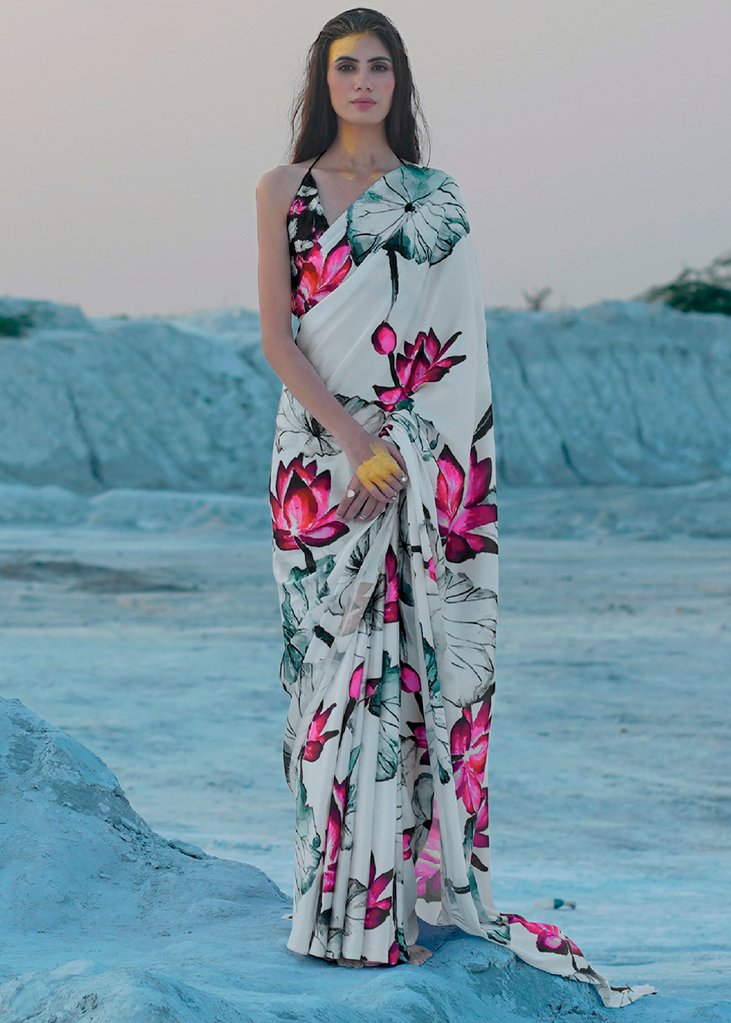 MySilkLove Egg Shell White Print Saga Saree — Buy Online | MySilkLove