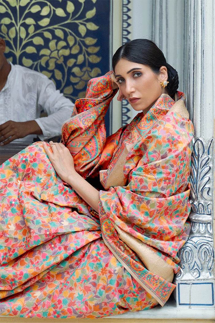 Buy MySilkLove Pancho Cream Jamawar Banarasi Saree Online