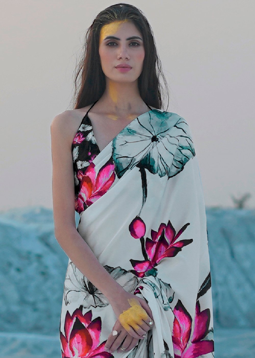 Buy MySilkLove Egg Shell White Print Saga Saree — Buy Online | MySilkLove Online