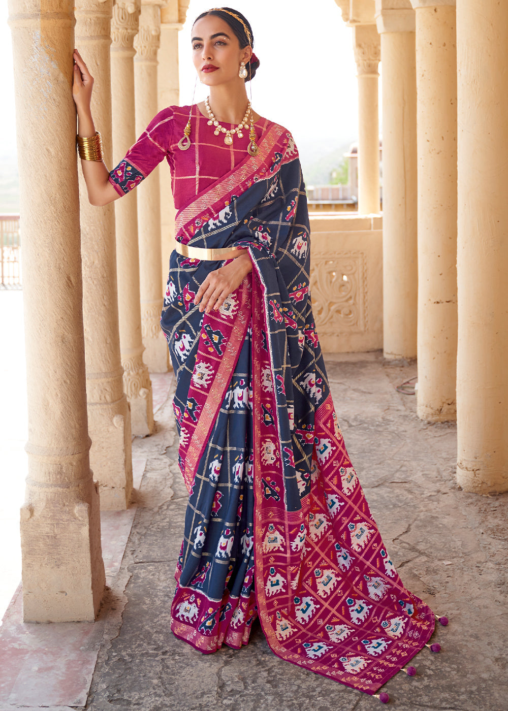 Buy MySilkLove Tuna Blue and Pink Printed Patola Silk Saree Online