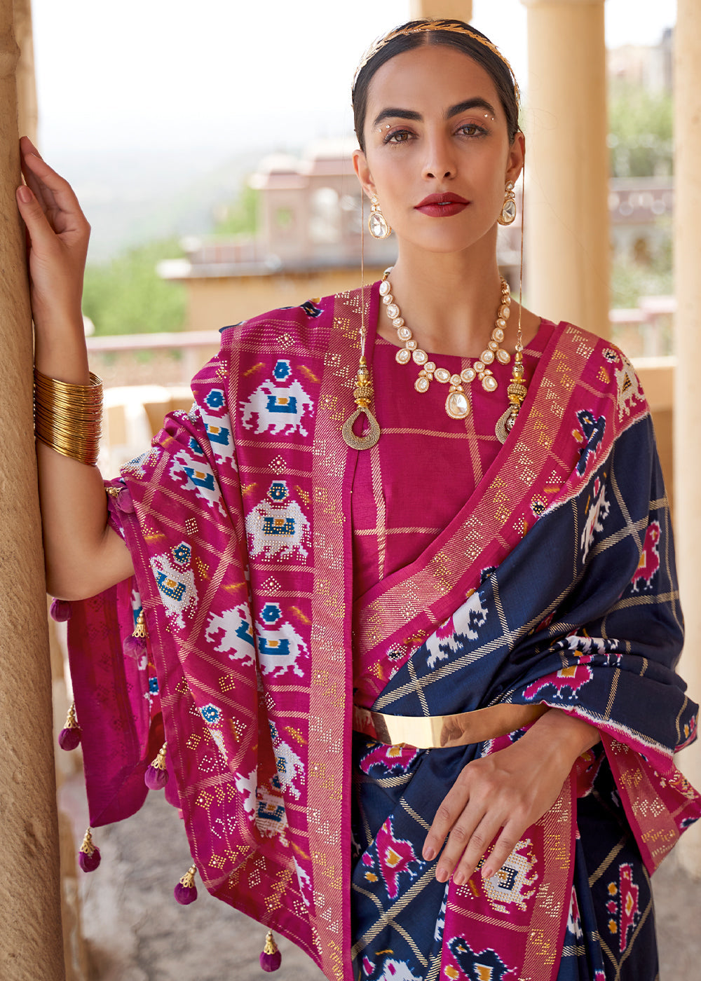 Buy MySilkLove Tuna Blue and Pink Printed Patola Silk Saree Online