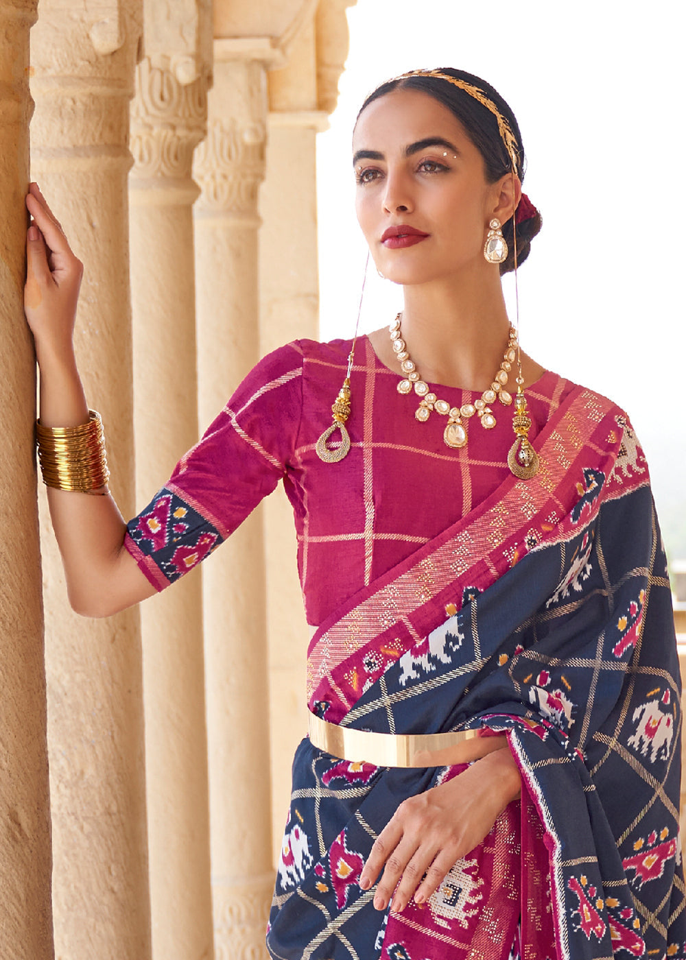 Buy MySilkLove Tuna Blue and Pink Printed Patola Silk Saree Online