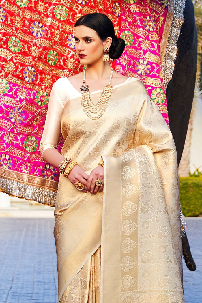 Buy MySilkLove White Gold Woven Kanjivaram Saree - MySilkLove Online