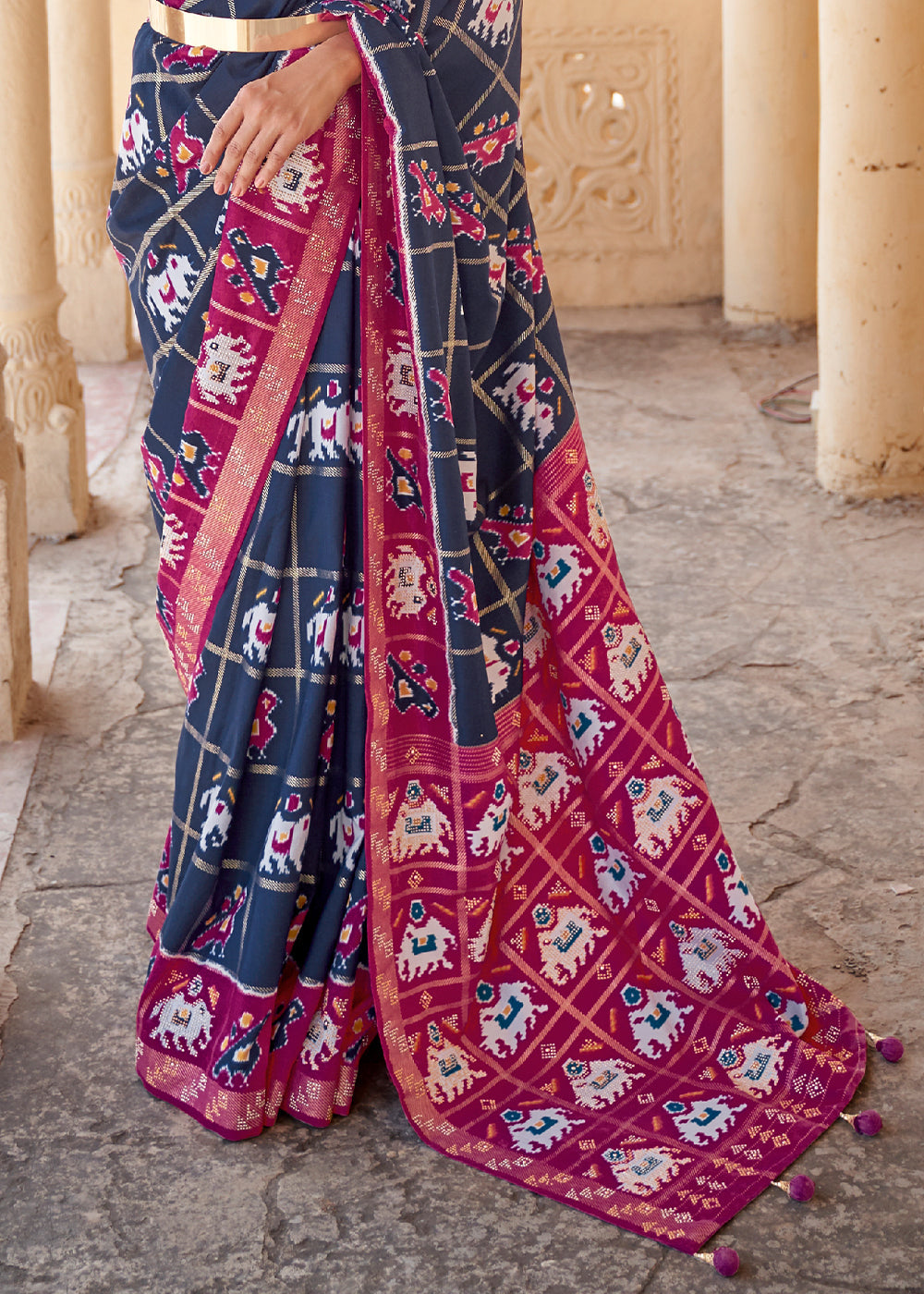 Buy MySilkLove Tuna Blue and Pink Printed Patola Silk Saree Online