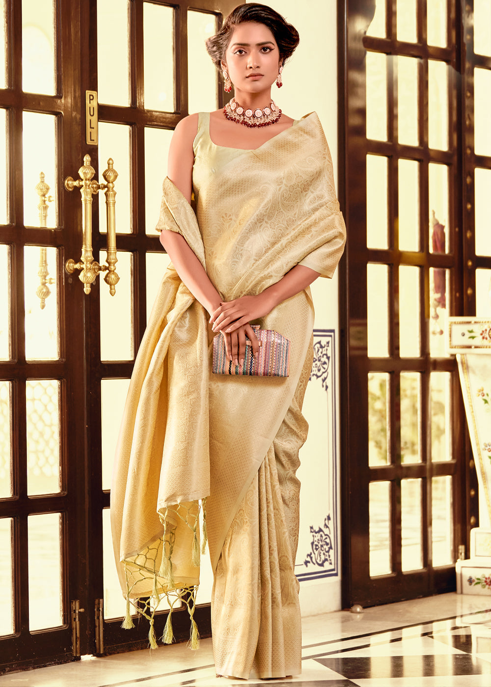 Buy MySilkLove Light Yellow Shine Woven kanjivaram Silk Saree Online