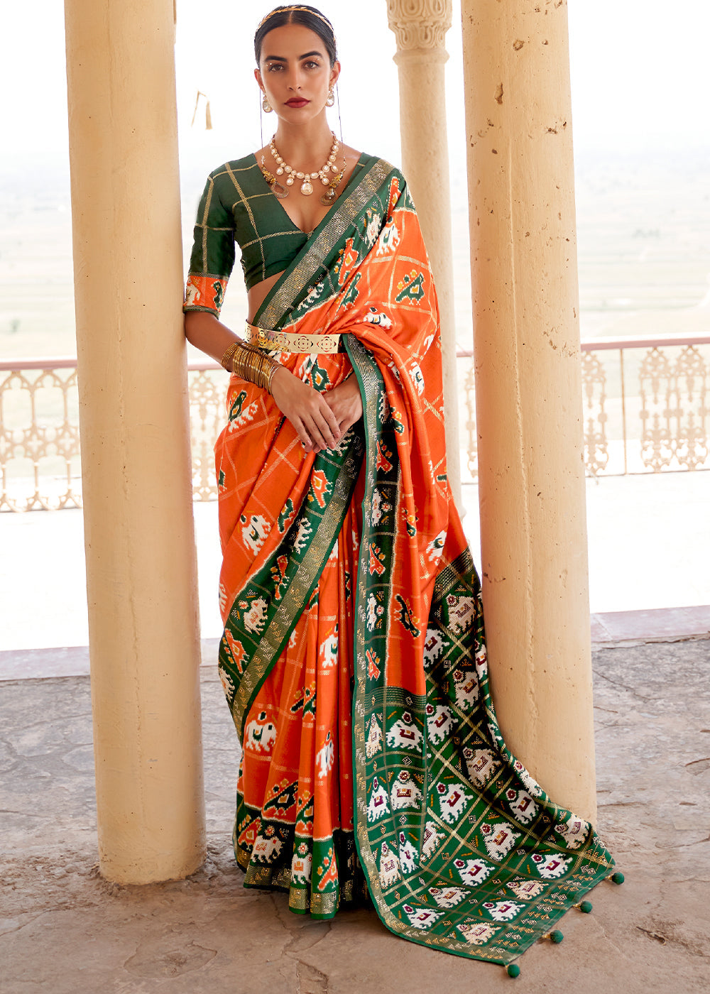 Buy MySilkLove Serria Orange and Green Printed Patola Silk Saree Online