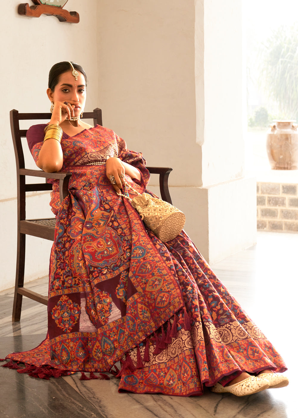 Buy MySilkLove Dark Rose Maroon Woven Banarasi Jamewar Kashmiri Silk Saree Online