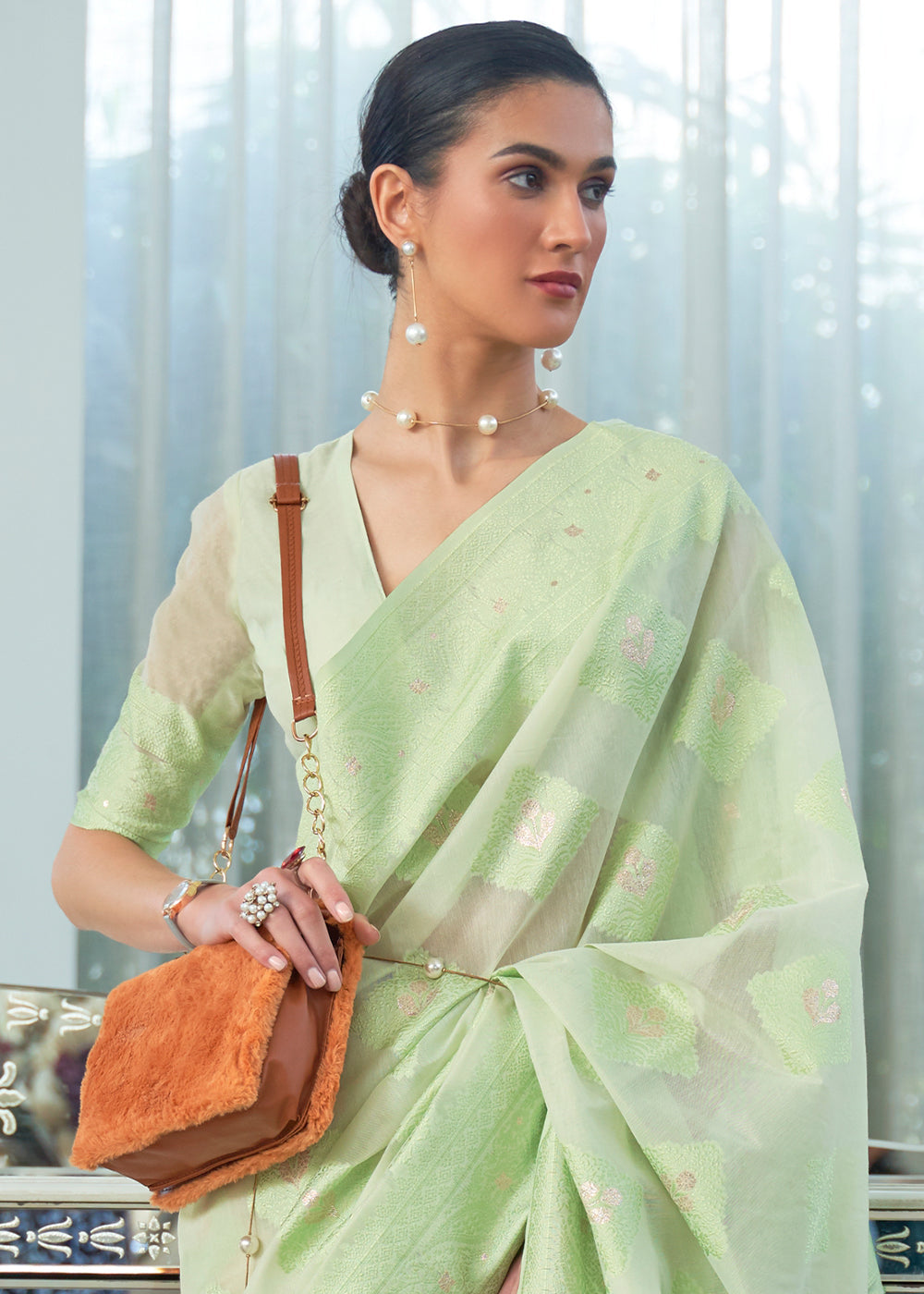 Buy MySilkLove Sprout Green Lucknowi Chikankari Woven Silk Saree Online