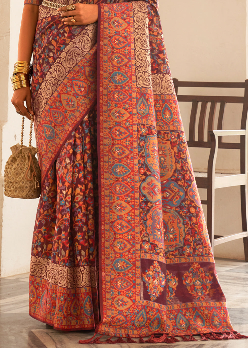 Buy MySilkLove Dark Rose Maroon Woven Banarasi Jamewar Kashmiri Silk Saree Online