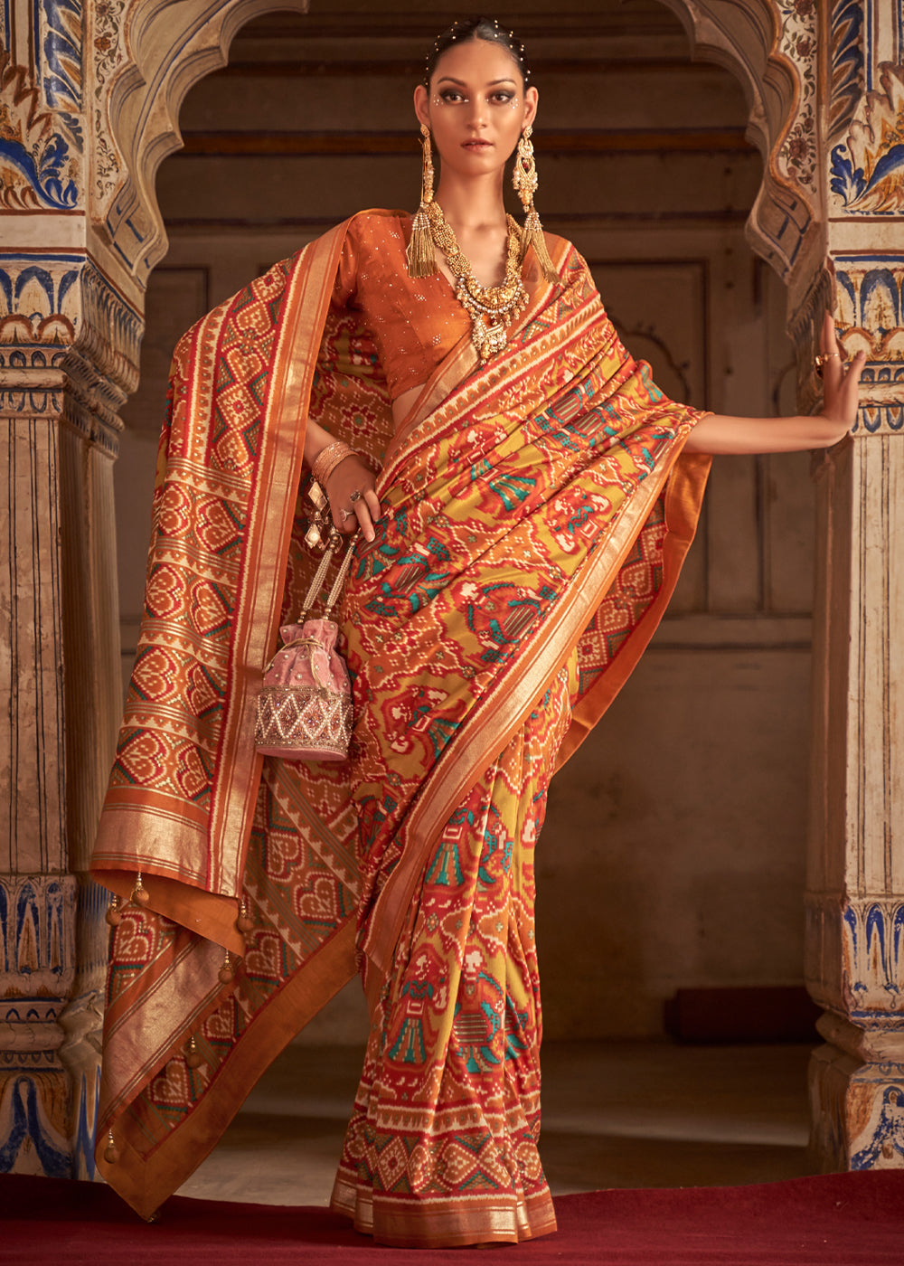Buy MySilkLove Burnt Sienna Orange and Yellow Patola Silk Saree Online