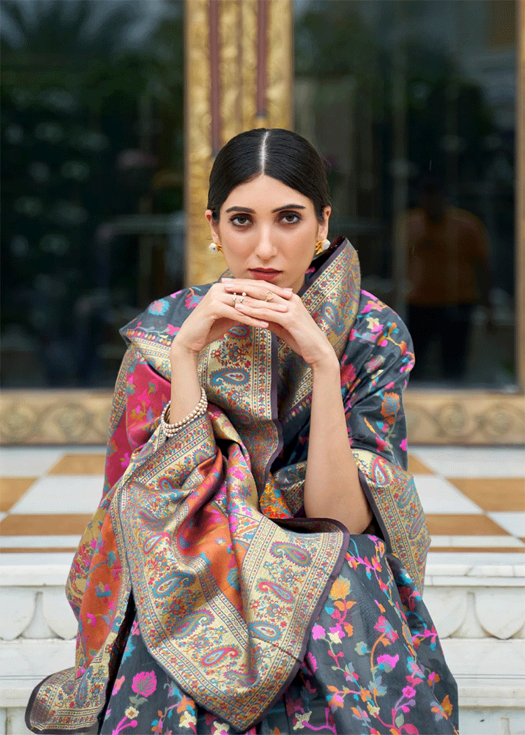 Buy MySilkLove Anchor Grey Kashmiri Jamawar Woven Banarasi silk saree Online