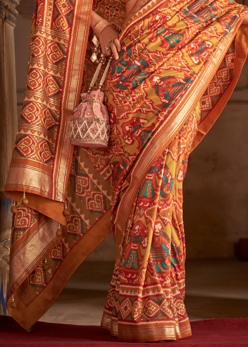 Buy MySilkLove Burnt Sienna Orange and Yellow Patola Silk Saree Online