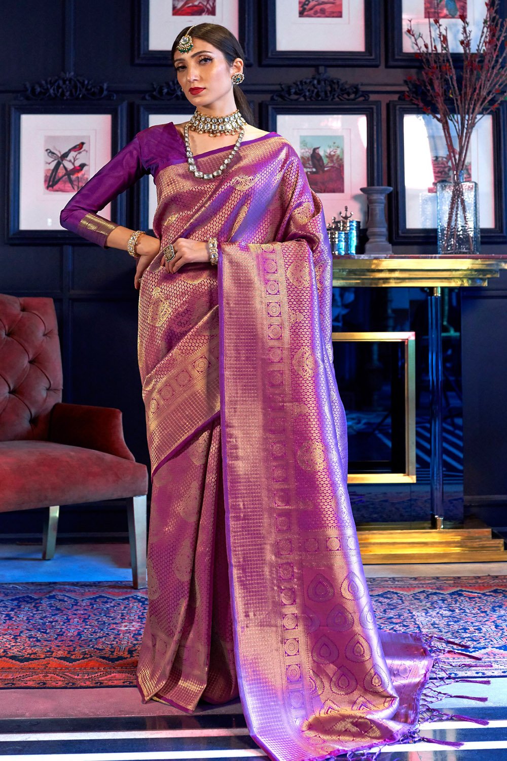 Buy MySilkLove Wine Berry Purple Woven Kanjivaram Saree Online