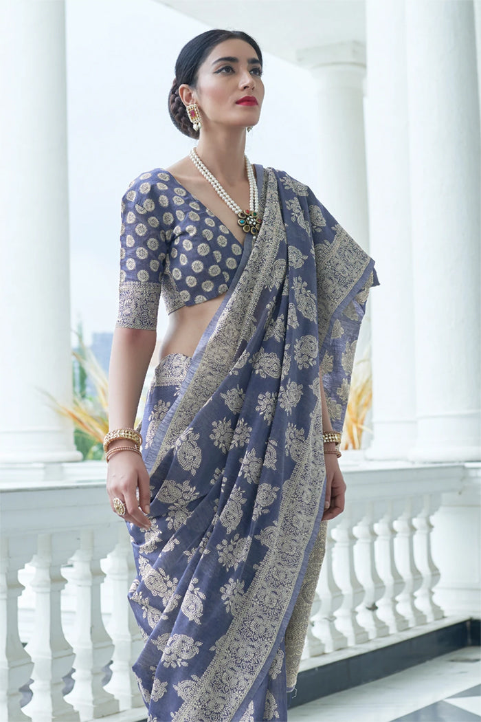 Buy MySilkLove Manatee Bluish Grey Chikankari Woven Saree — Buy Online | MySilkLove Online