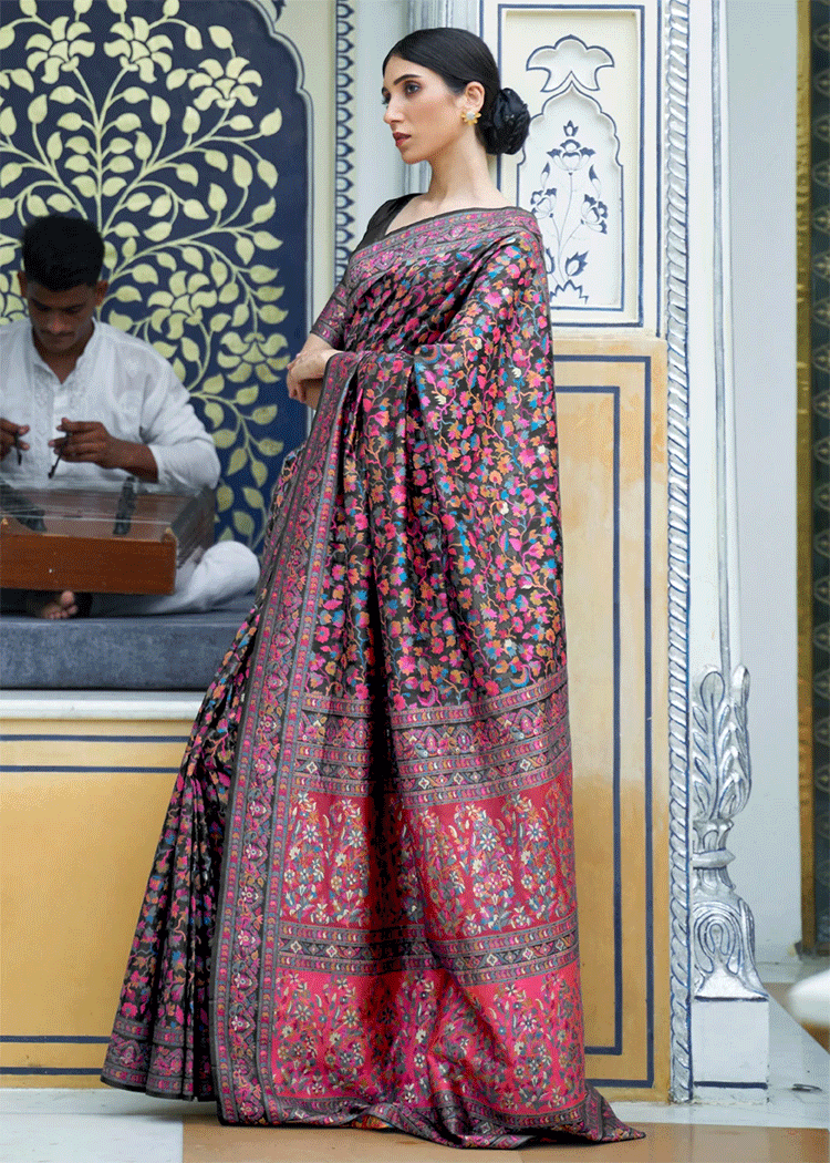 Buy MySilkLove Haiti Black Kashmiri Jamawar Banarasi woven silk Saree Online