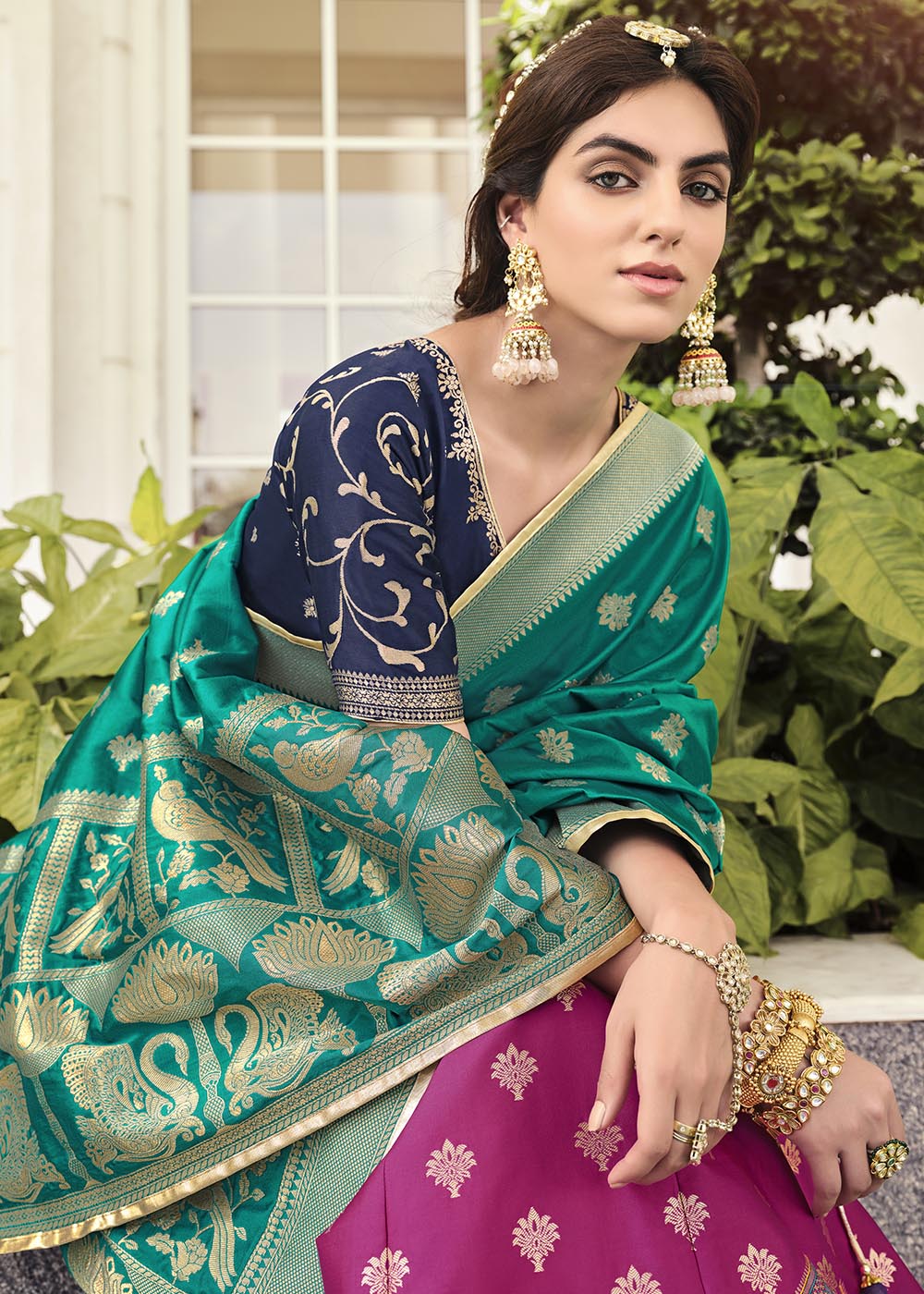 Buy MySilkLove Crown Of Thorns Pink and Green Banarasi Silk Lehenga Choli Online