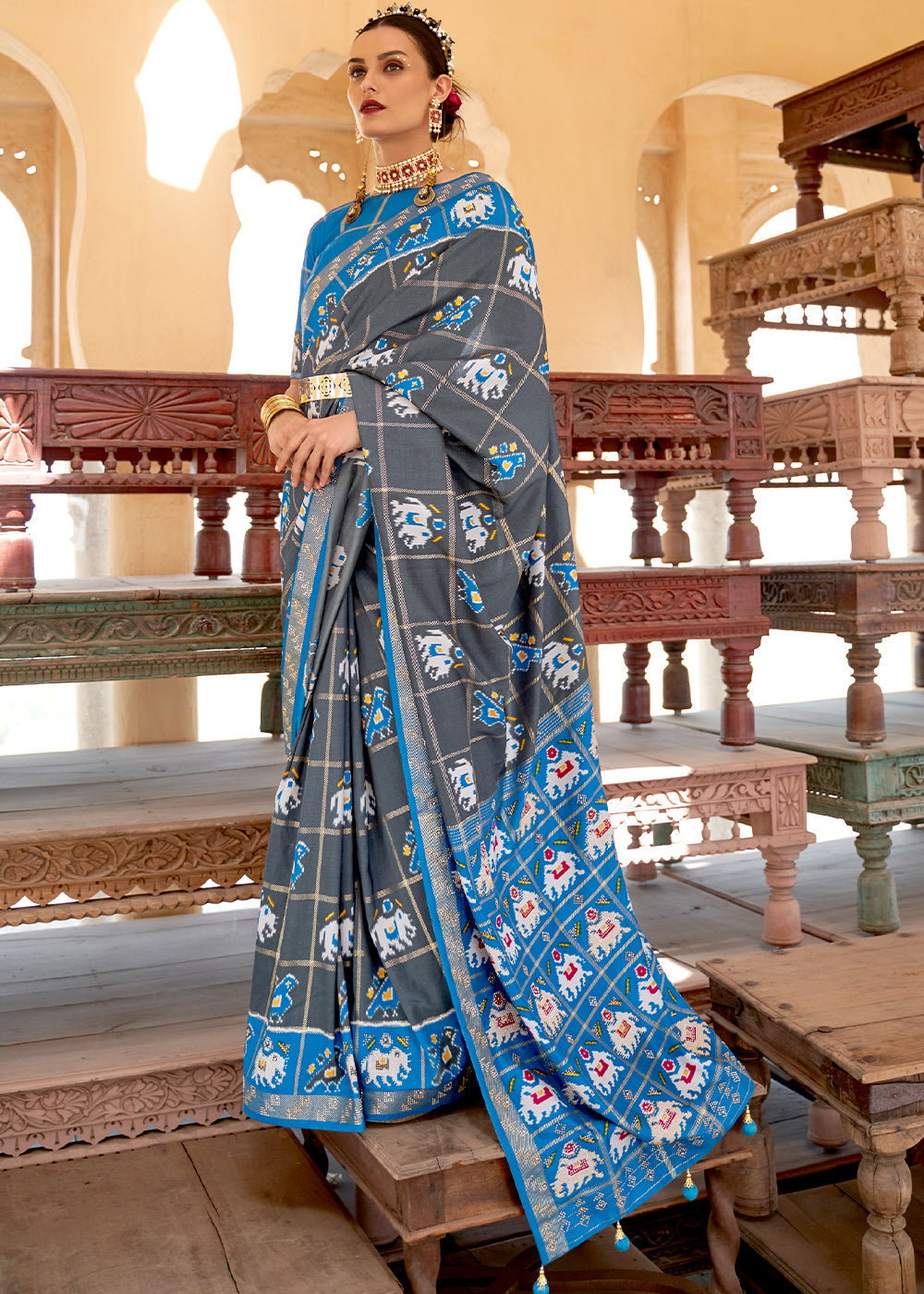 Buy MySilkLove Abbey Grey and Blue Printed Patola Silk Saree Online