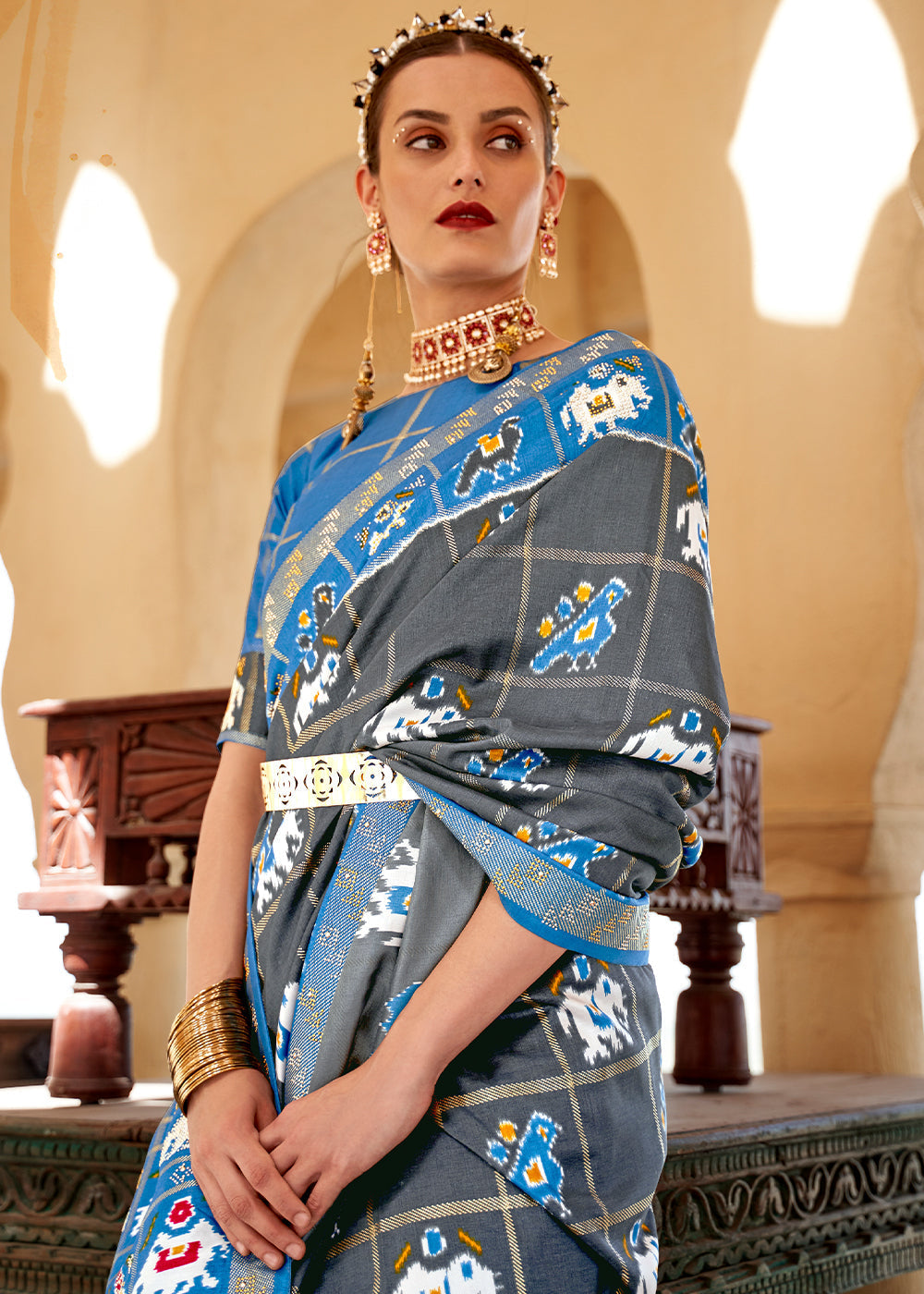 Buy MySilkLove Abbey Grey and Blue Printed Patola Silk Saree Online