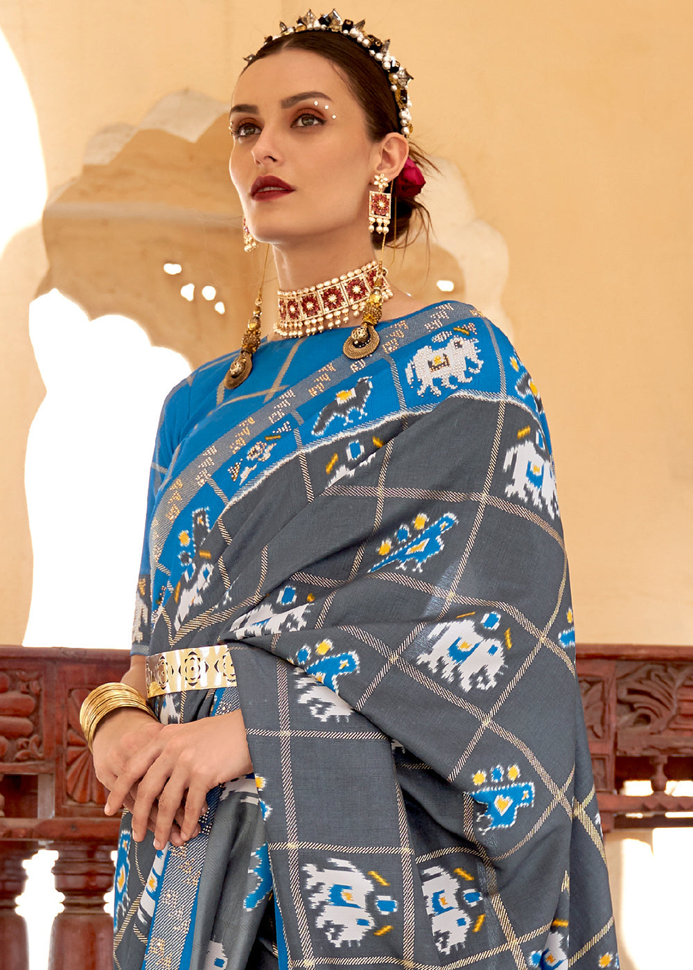 Buy MySilkLove Abbey Grey and Blue Printed Patola Silk Saree Online