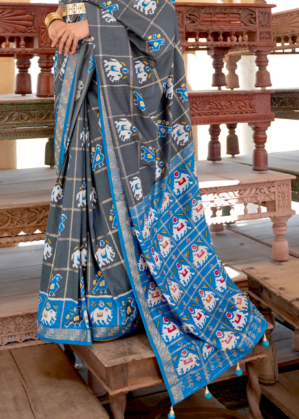 Buy MySilkLove Abbey Grey and Blue Printed Patola Silk Saree Online