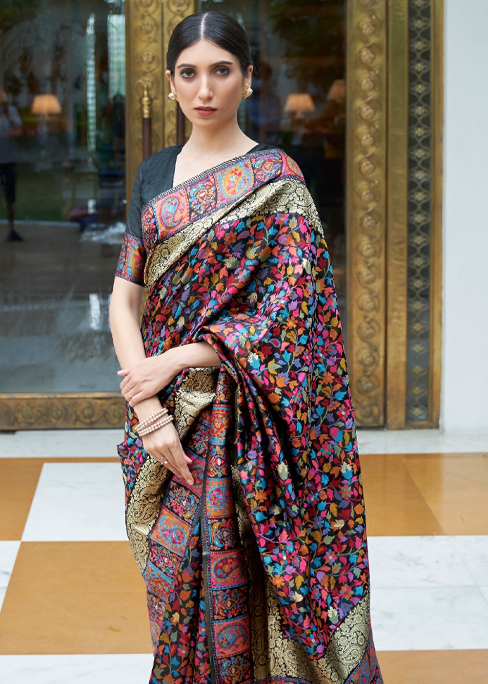 Buy MySilkLove Midnight Black Kashmiri Jamawar Banarasi silk Saree Online