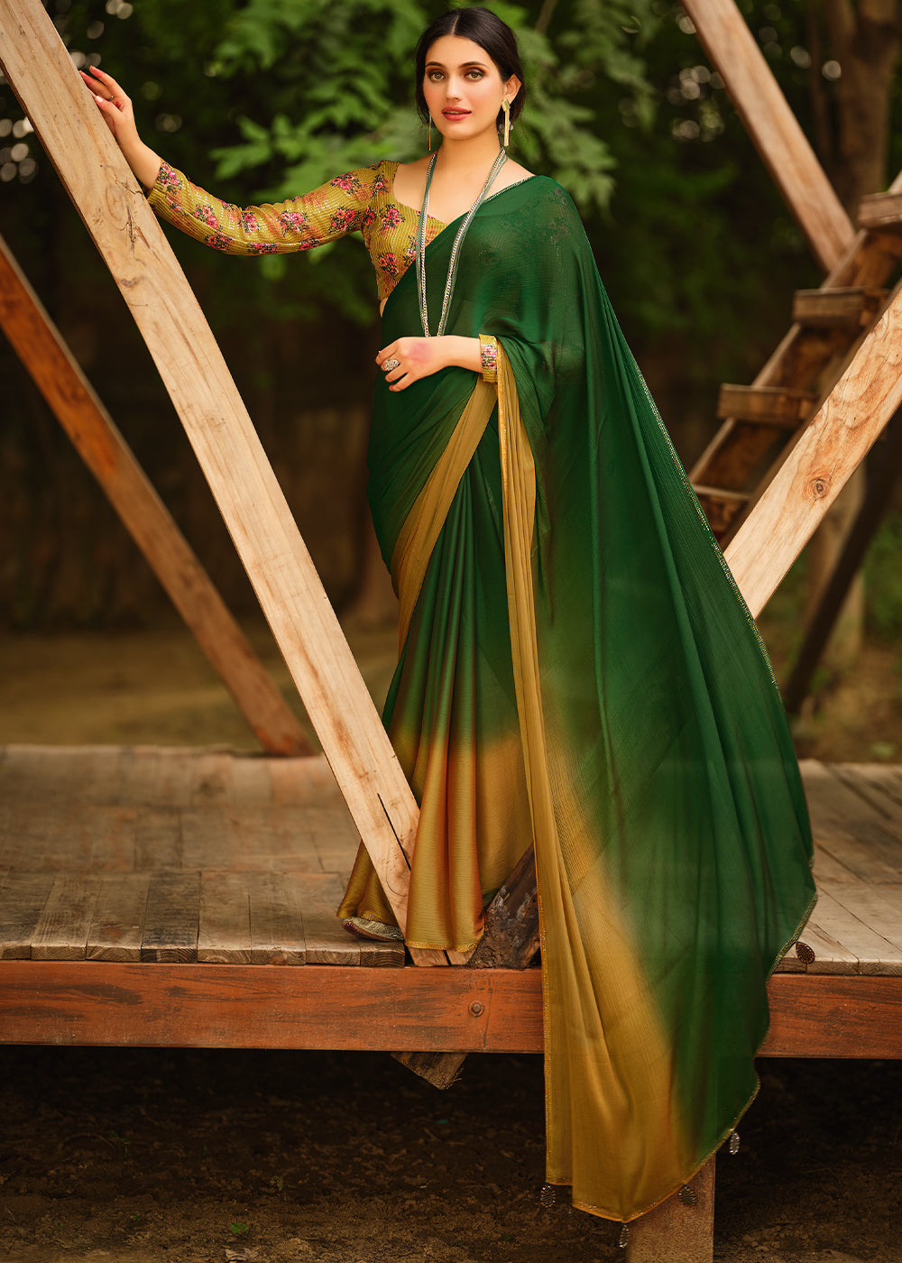Buy MySilkLove Chalet Green and Yellow Chiffon Saree With Printed Blouse Online