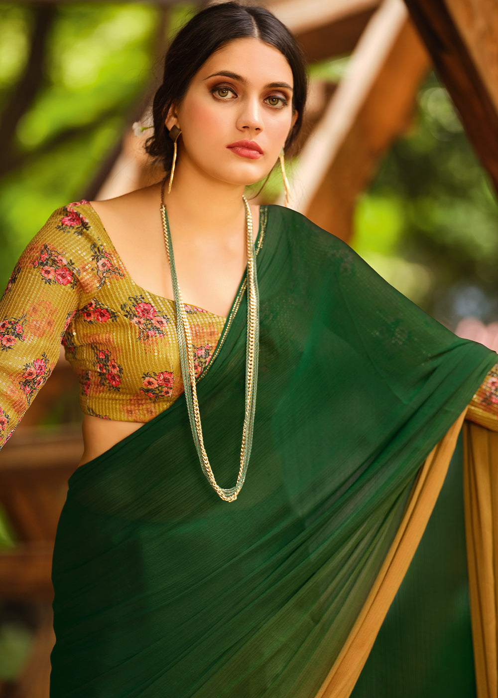 Buy MySilkLove Chalet Green and Yellow Chiffon Saree With Printed Blouse Online
