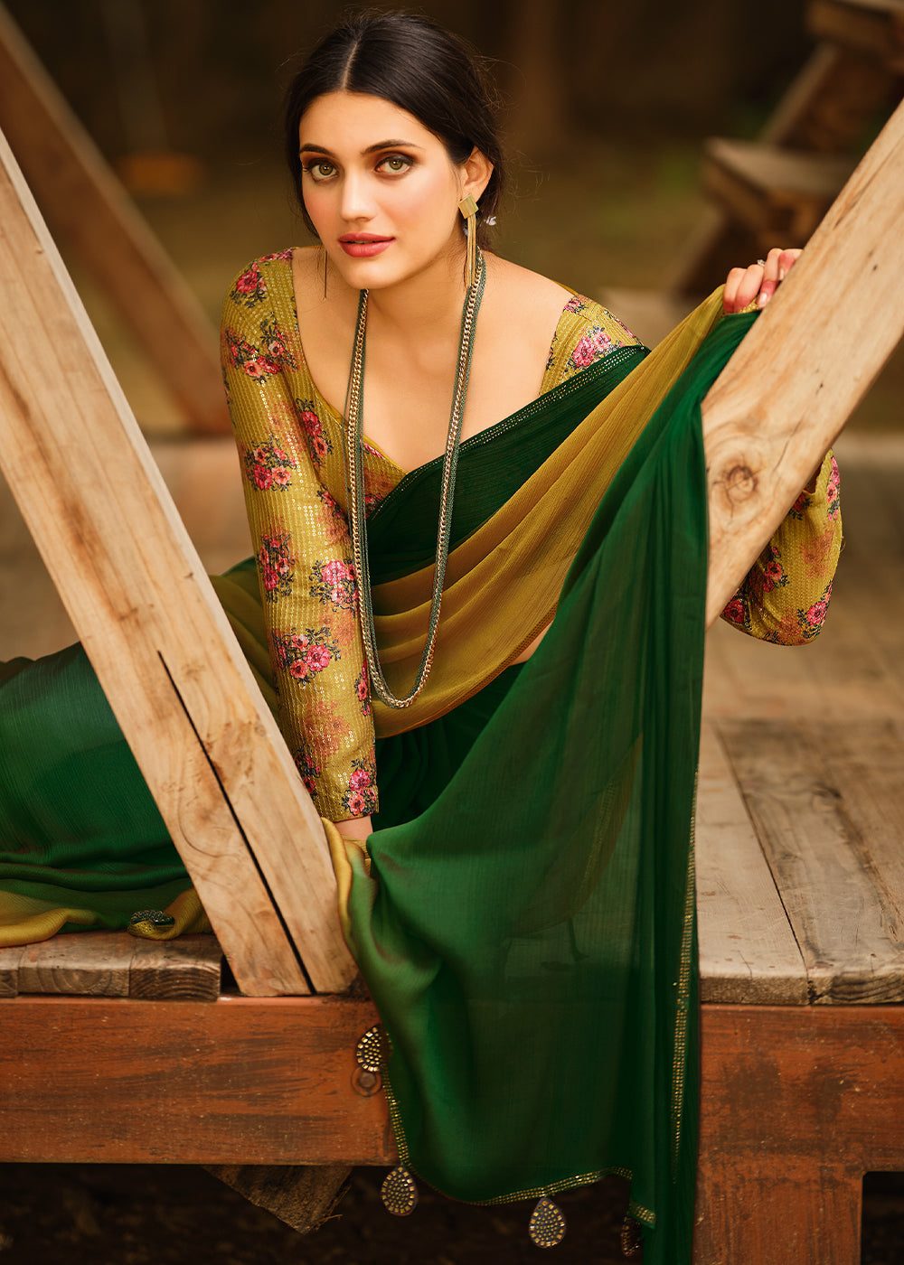 Buy MySilkLove Chalet Green and Yellow Chiffon Saree With Printed Blouse Online