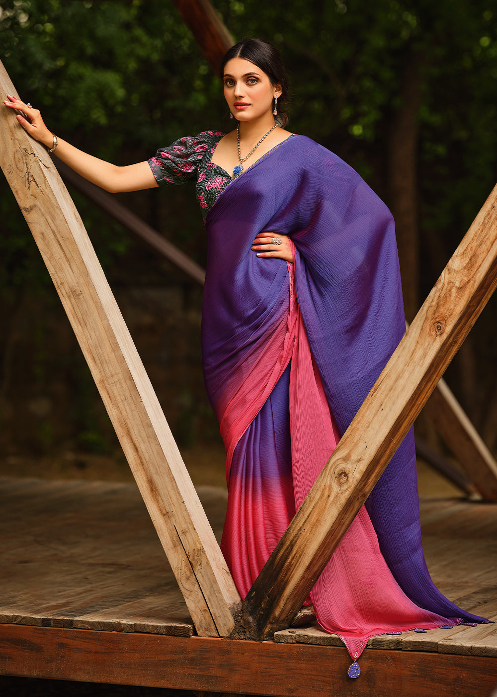 Buy MySilkLove Scampi Purple and Pink Chiffon Saree With Printed Blouse Online