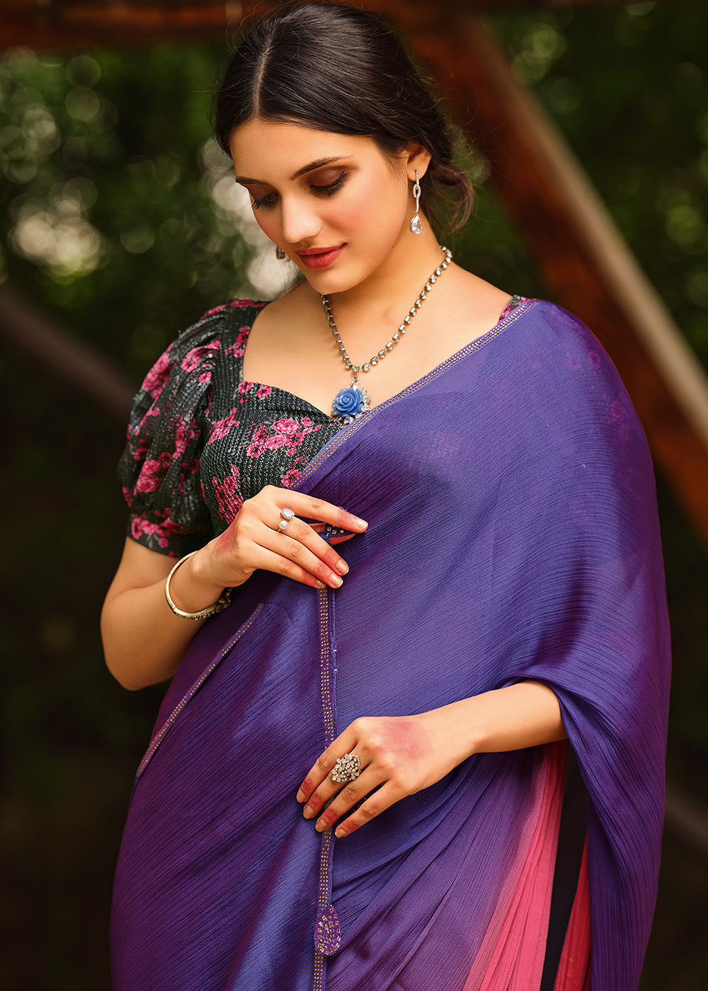 Buy MySilkLove Scampi Purple and Pink Chiffon Saree With Printed Blouse Online