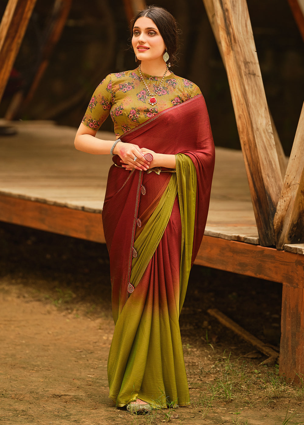 Buy MySilkLove Rebel Red and Green Chiffon Saree With Printed Blouse Online
