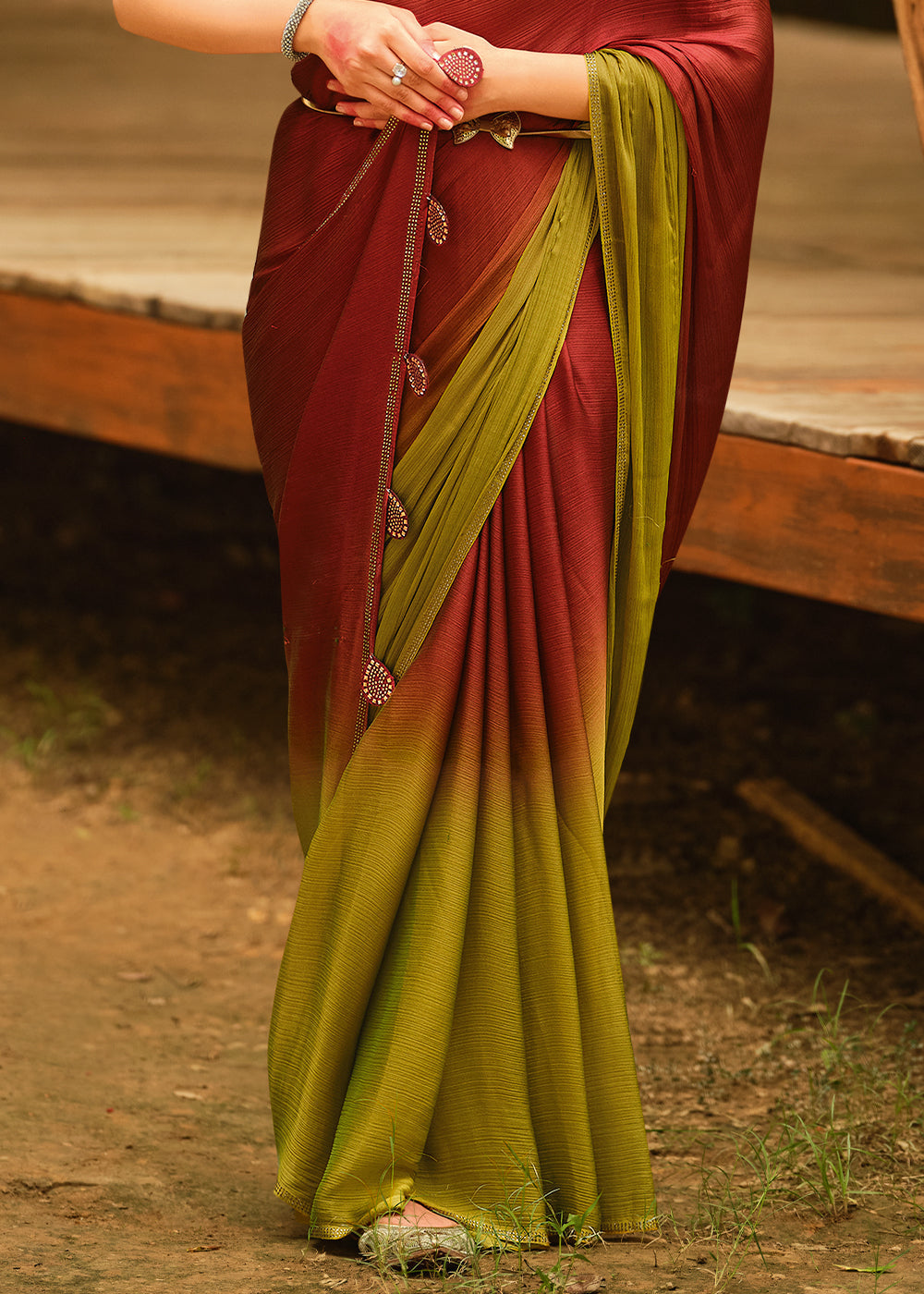 Buy MySilkLove Rebel Red and Green Chiffon Saree With Printed Blouse Online