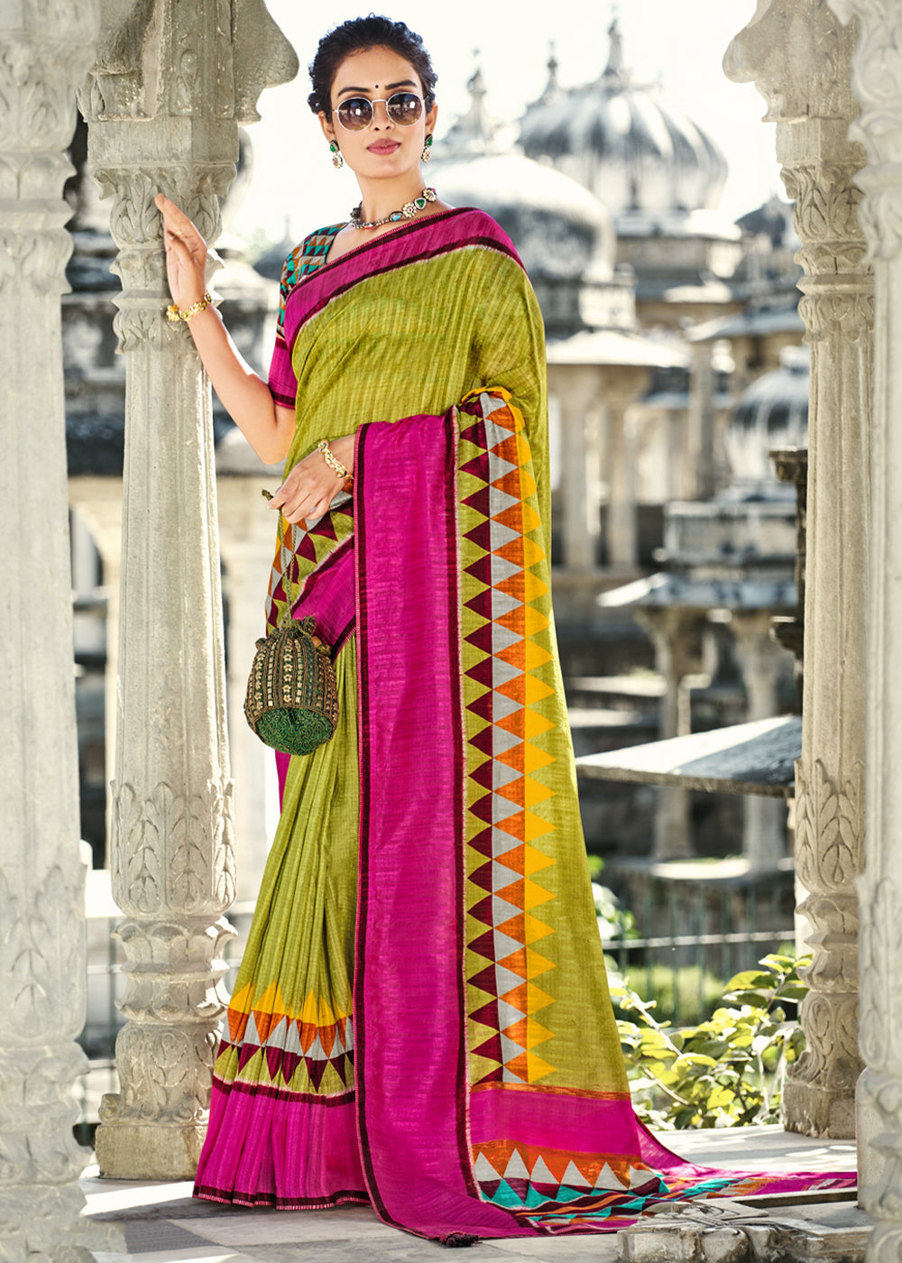 Buy MySilkLove Atlantis Green and Pink Gadhwal Silk Saree Online