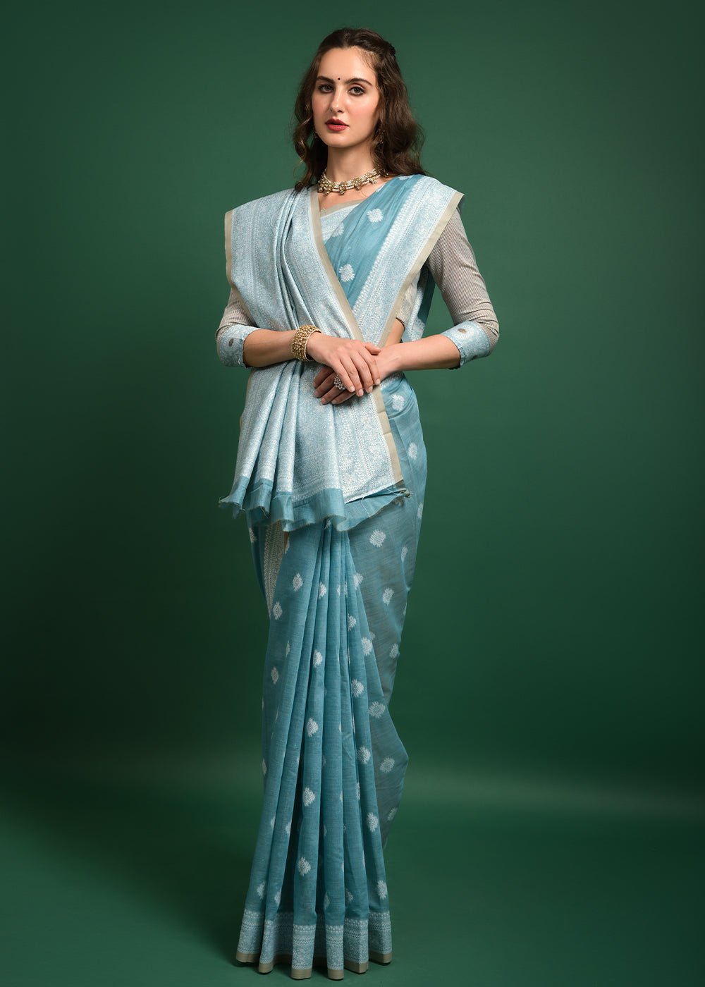 Buy MySilkLove Opal Blue Chikankari Chanderi Cotton Woven Saree Online