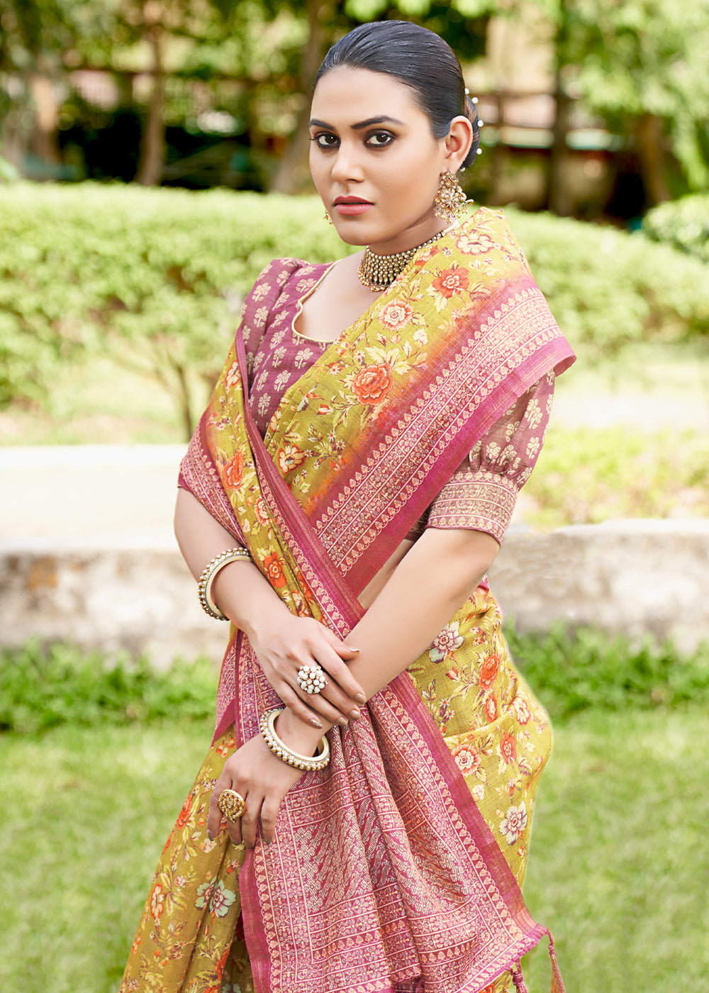 Buy MySilkLove Portafino Yellow Linen Kalamkari Digital Print Saree Online