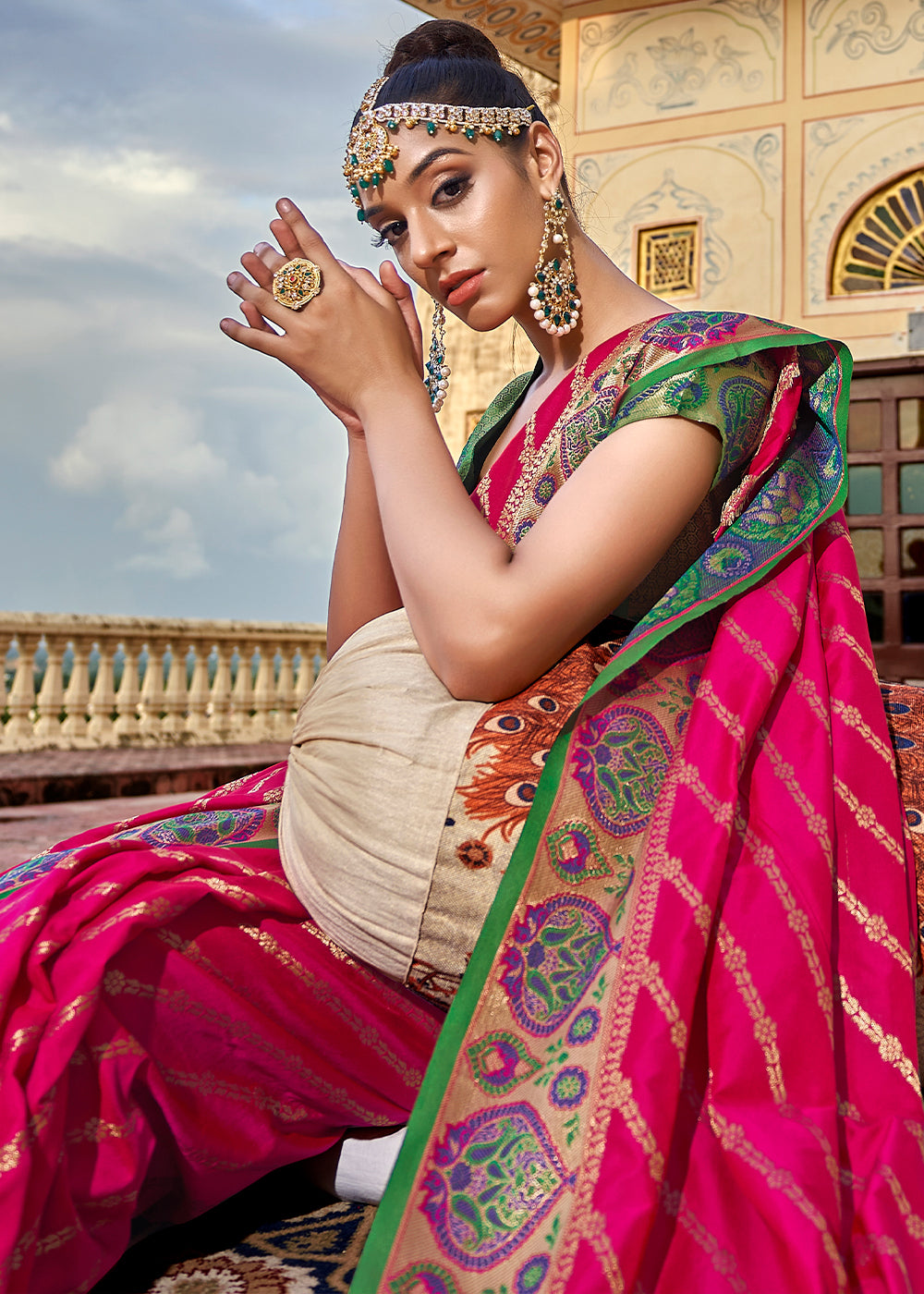 Buy MySilkLove Carmine Pink and Green Woven Soft Silk Saree Online