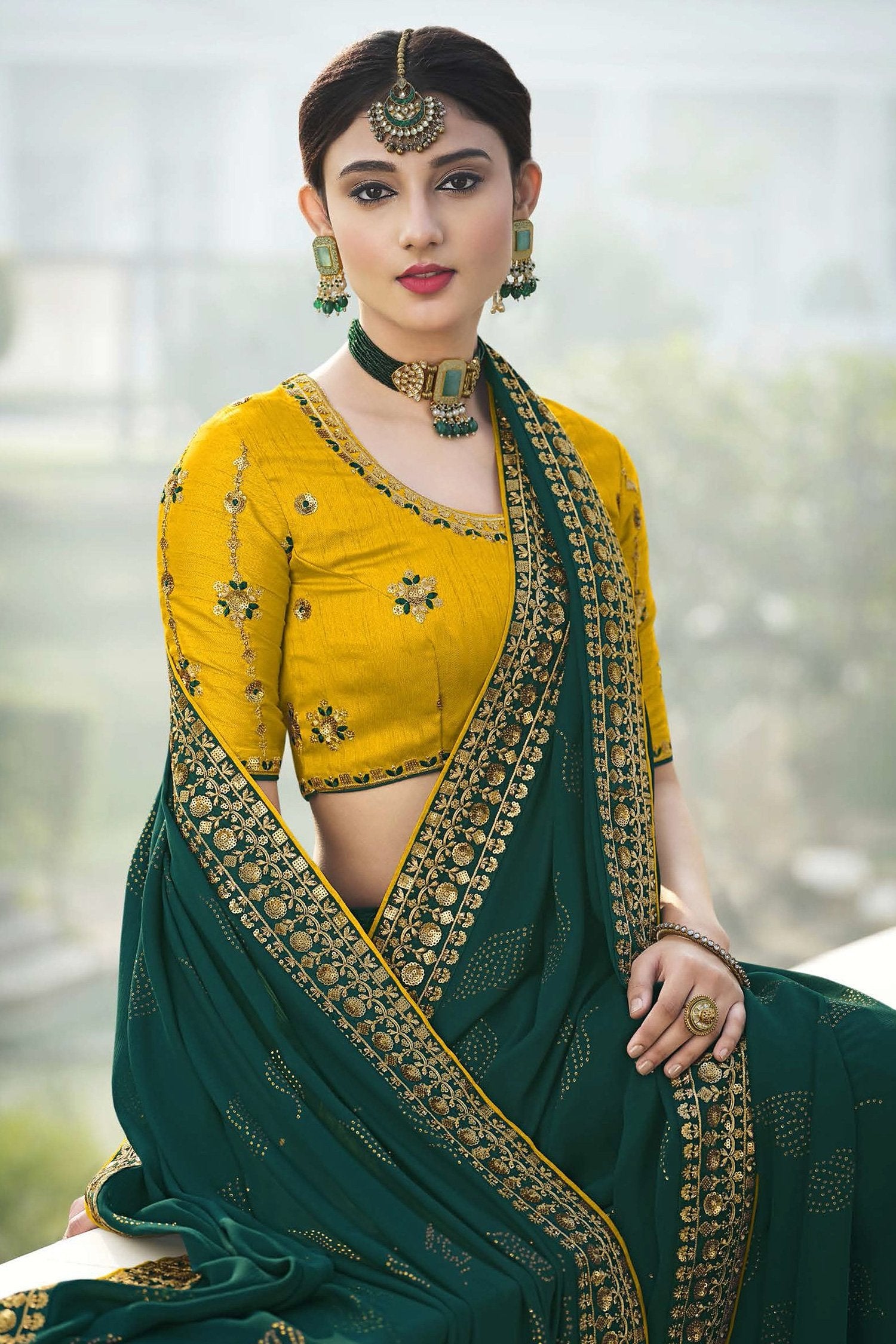 Buy MySilkLove Gable Green and Yellow Chiffon Stone Work Saree Online