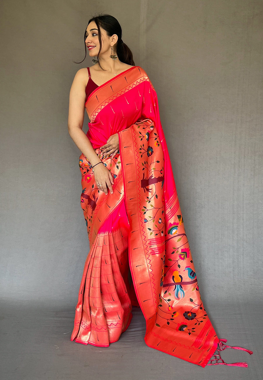 Buy MySilkLove Princess Perfume Pink Woven Paithani Silk Saree Online