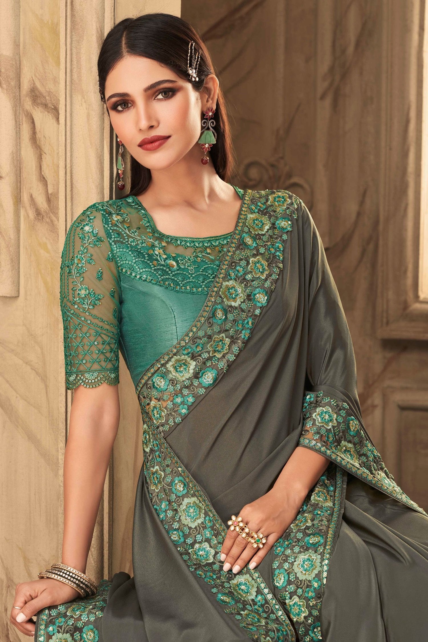 Buy MySilkLove Flint Grey Designer Silk Saree Online